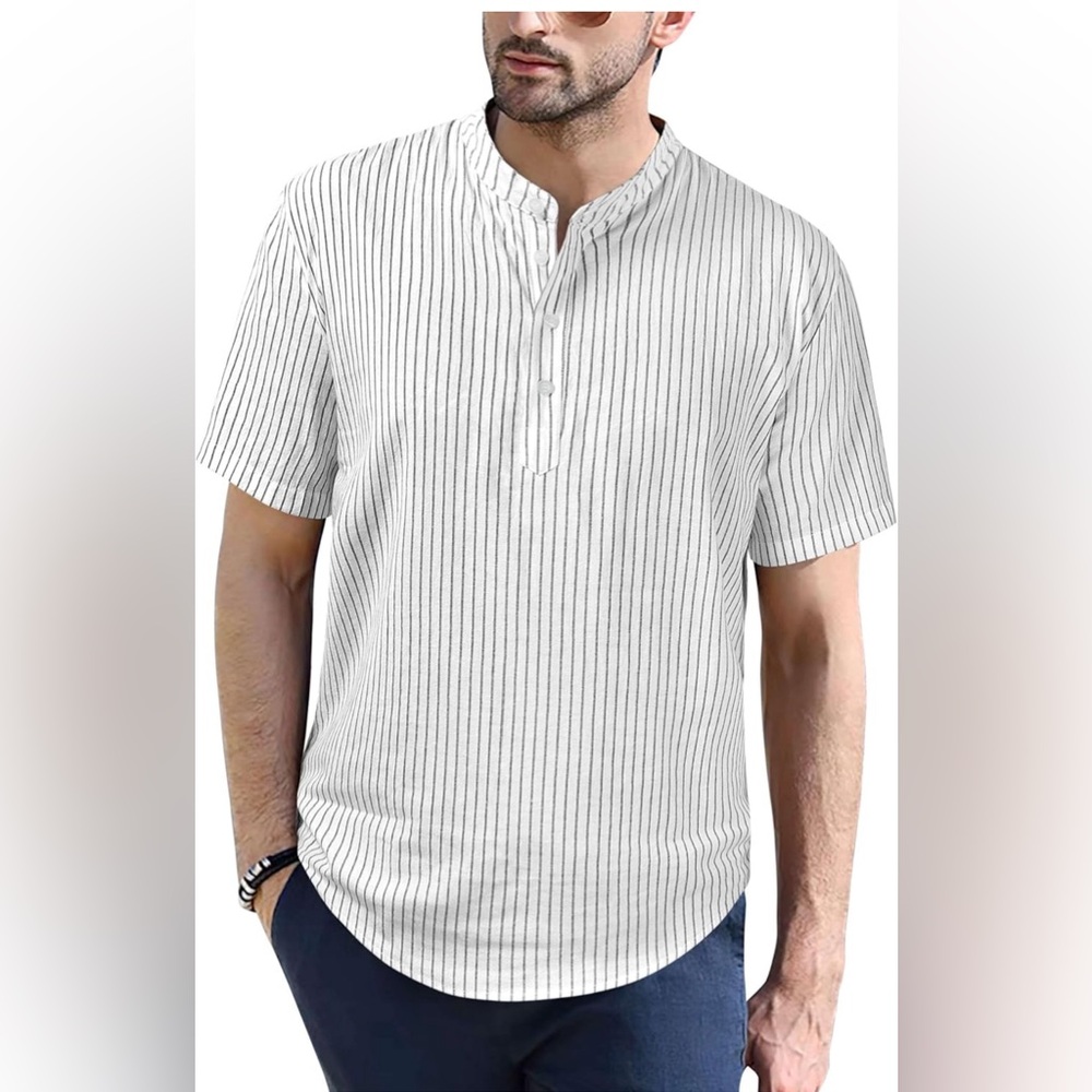 Bayamo Men's Linen Blend Henley White Striped Shirt